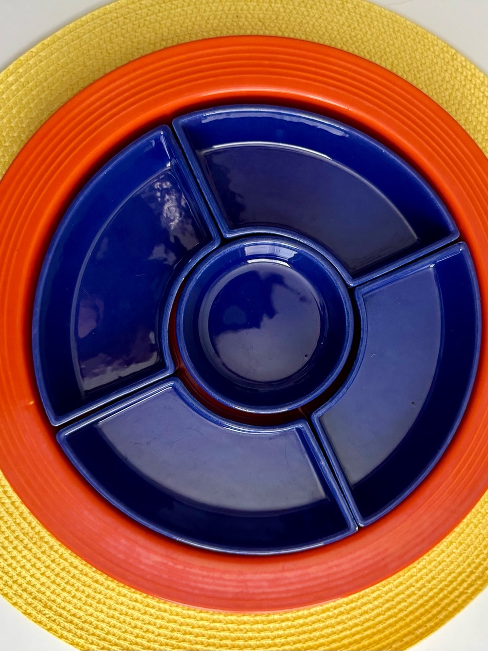 Rare Vintage Blue and Orange Fiestaware Relish/condiment Dish Set